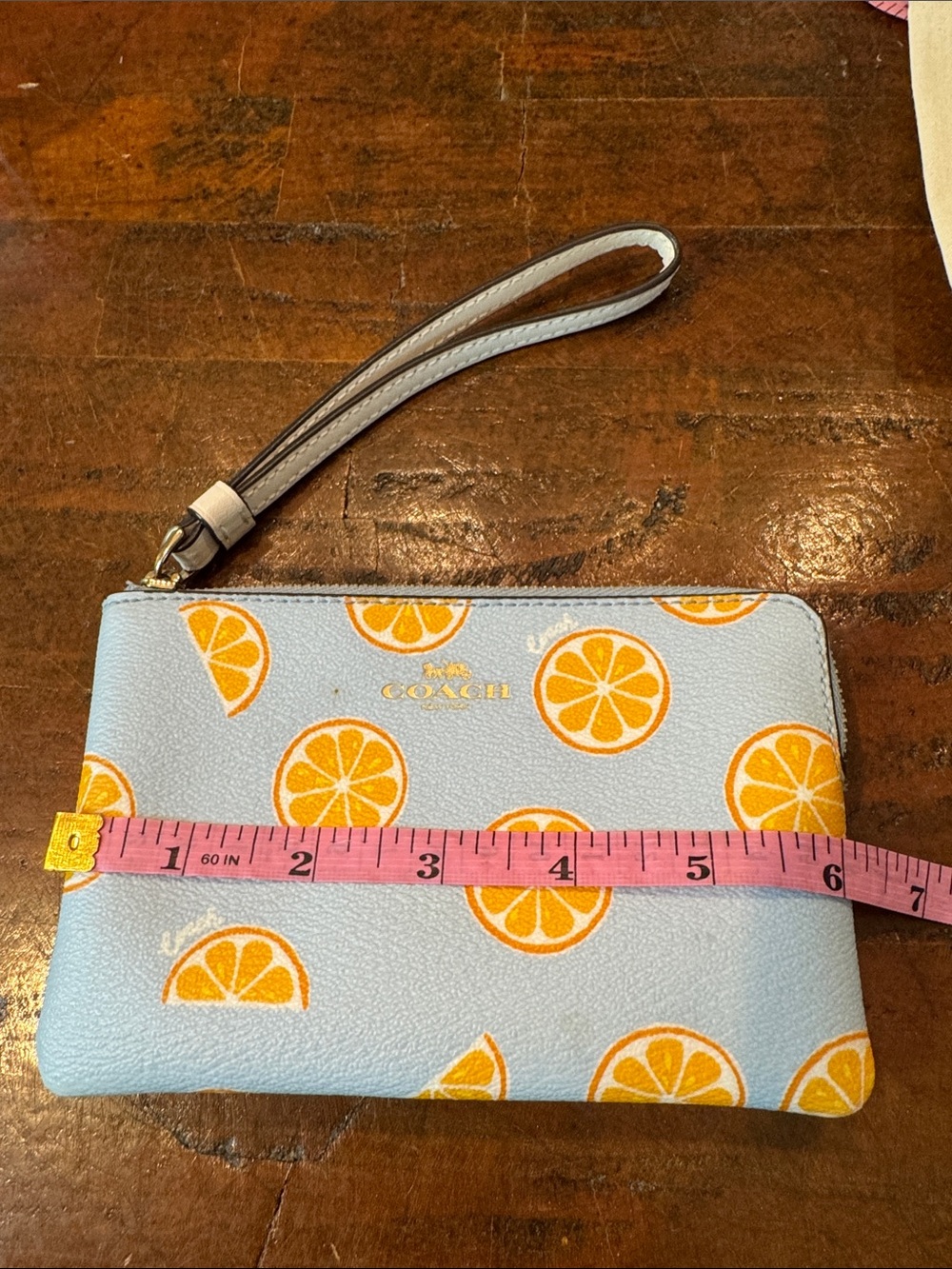 Coach Light Blue Wristlet with Orange Slice Print - Picture 12 of 13